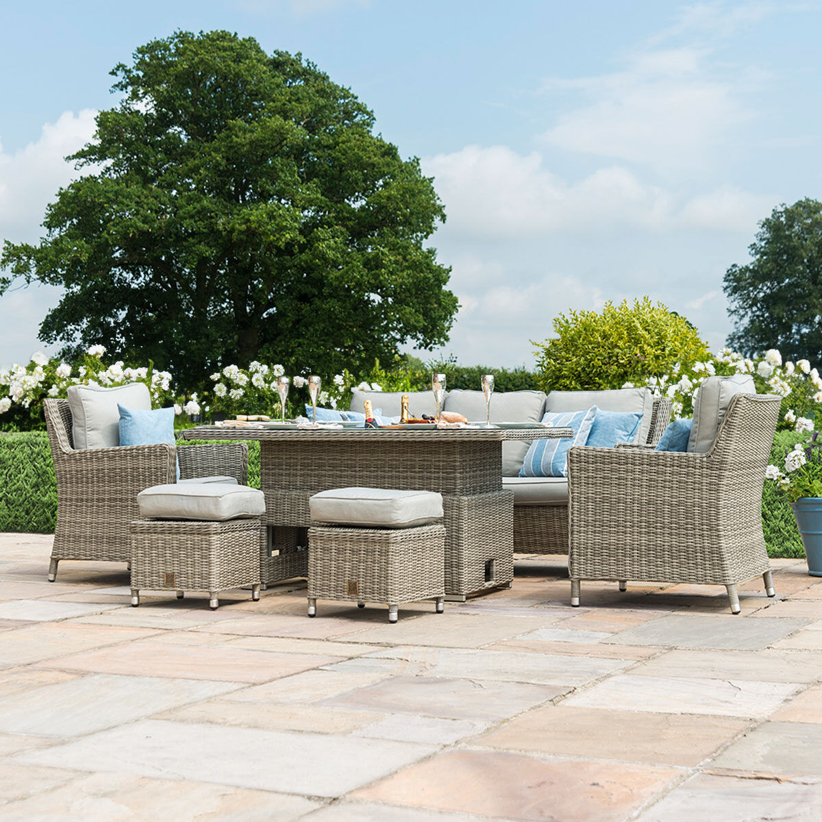 Oxford Sofa Rattan Dining Set with Ice Bucket & Rising Table