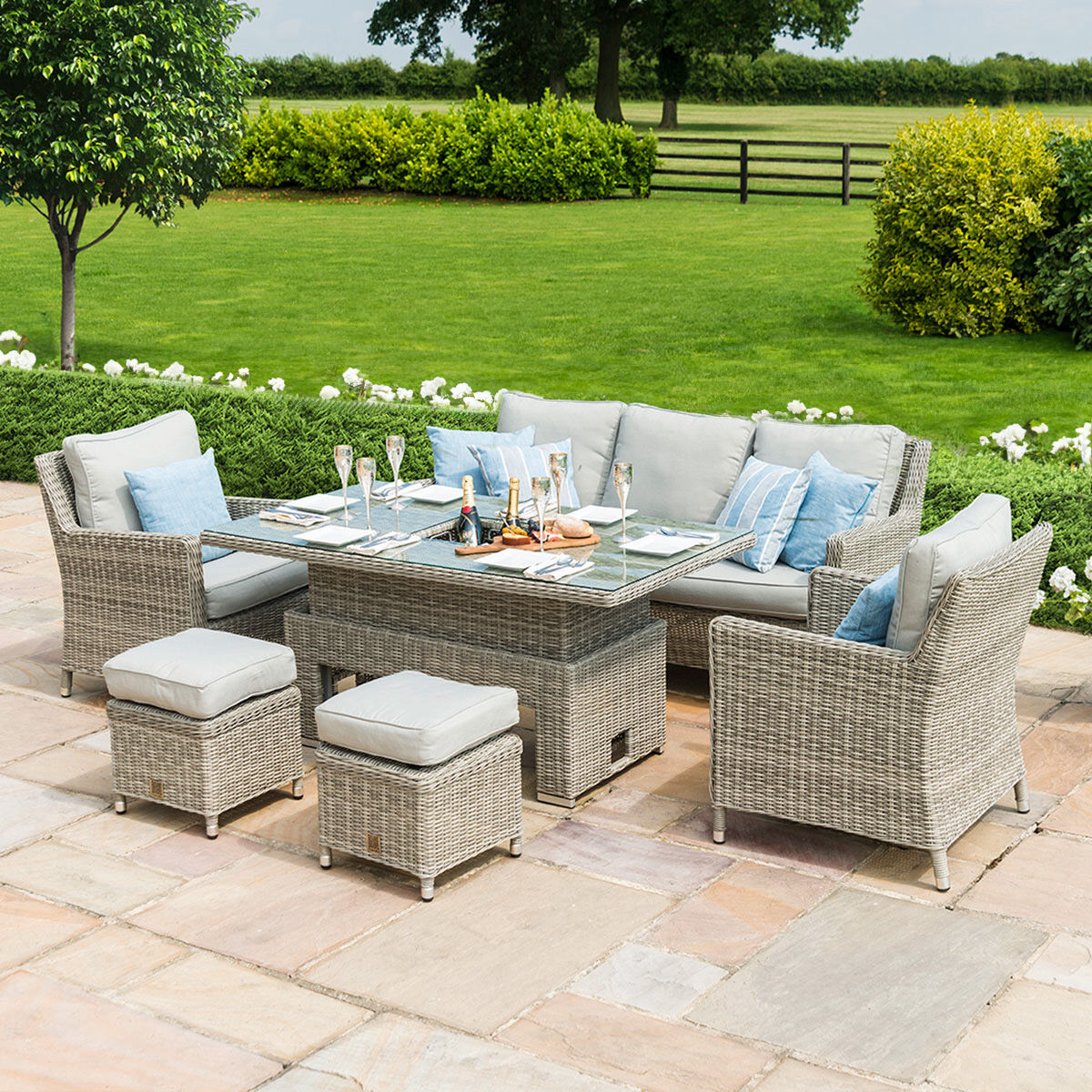 Oxford Sofa Rattan Dining Set with Ice Bucket & Rising Table