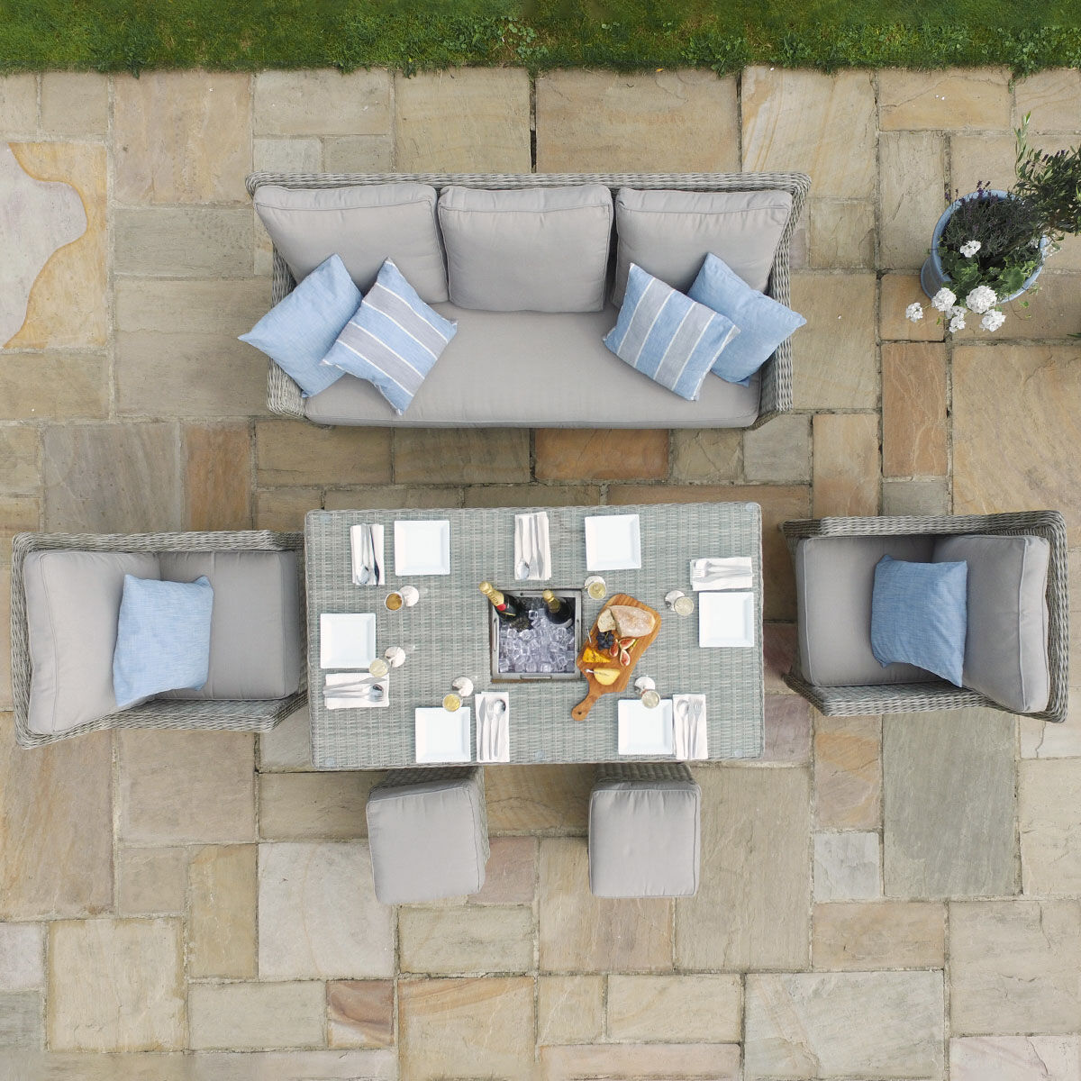 Oxford Sofa Rattan Dining Set with Ice Bucket & Rising Table