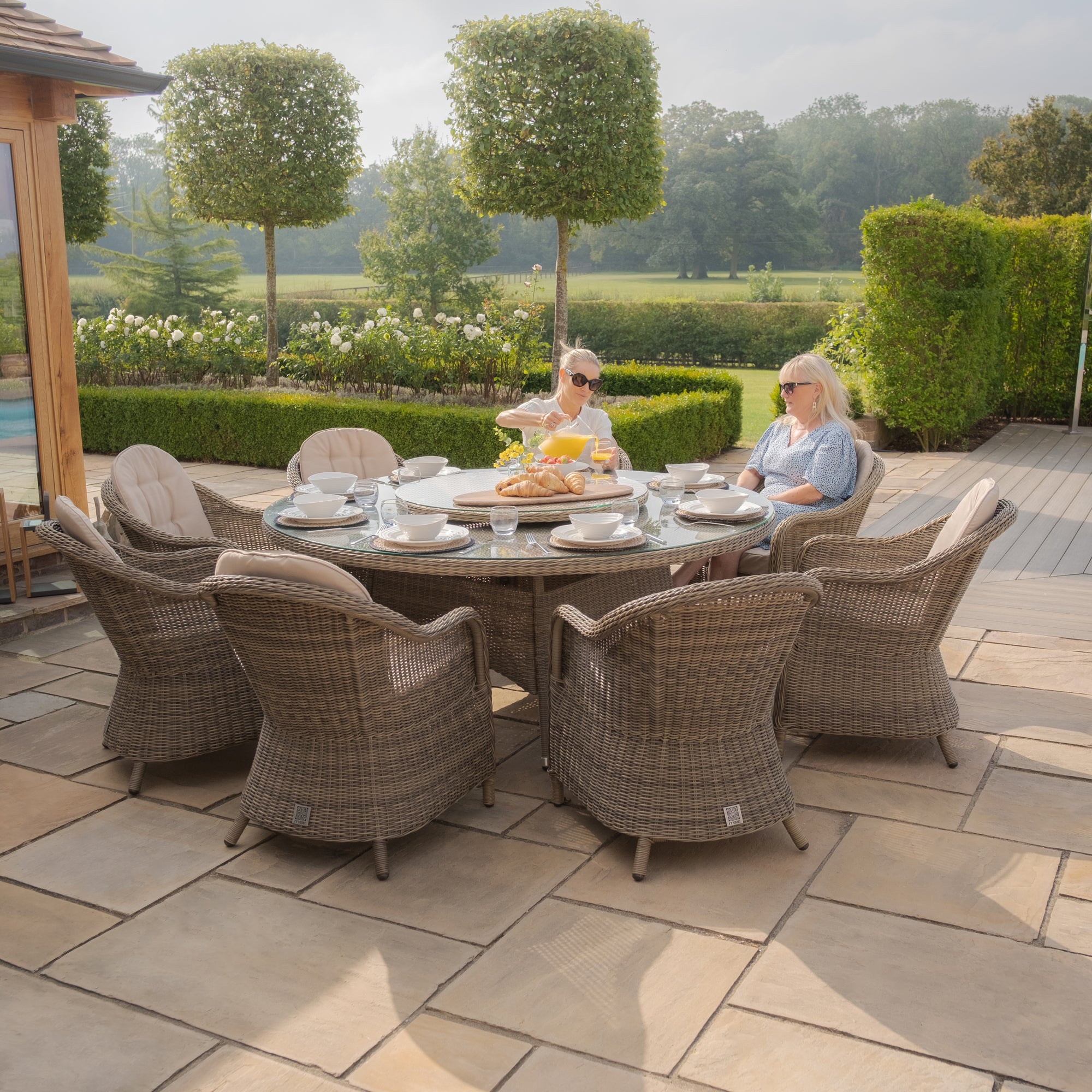 Winchester 8 Seat Round Dining Set with Heritage Dining Chairs & Woven Lazy Susan