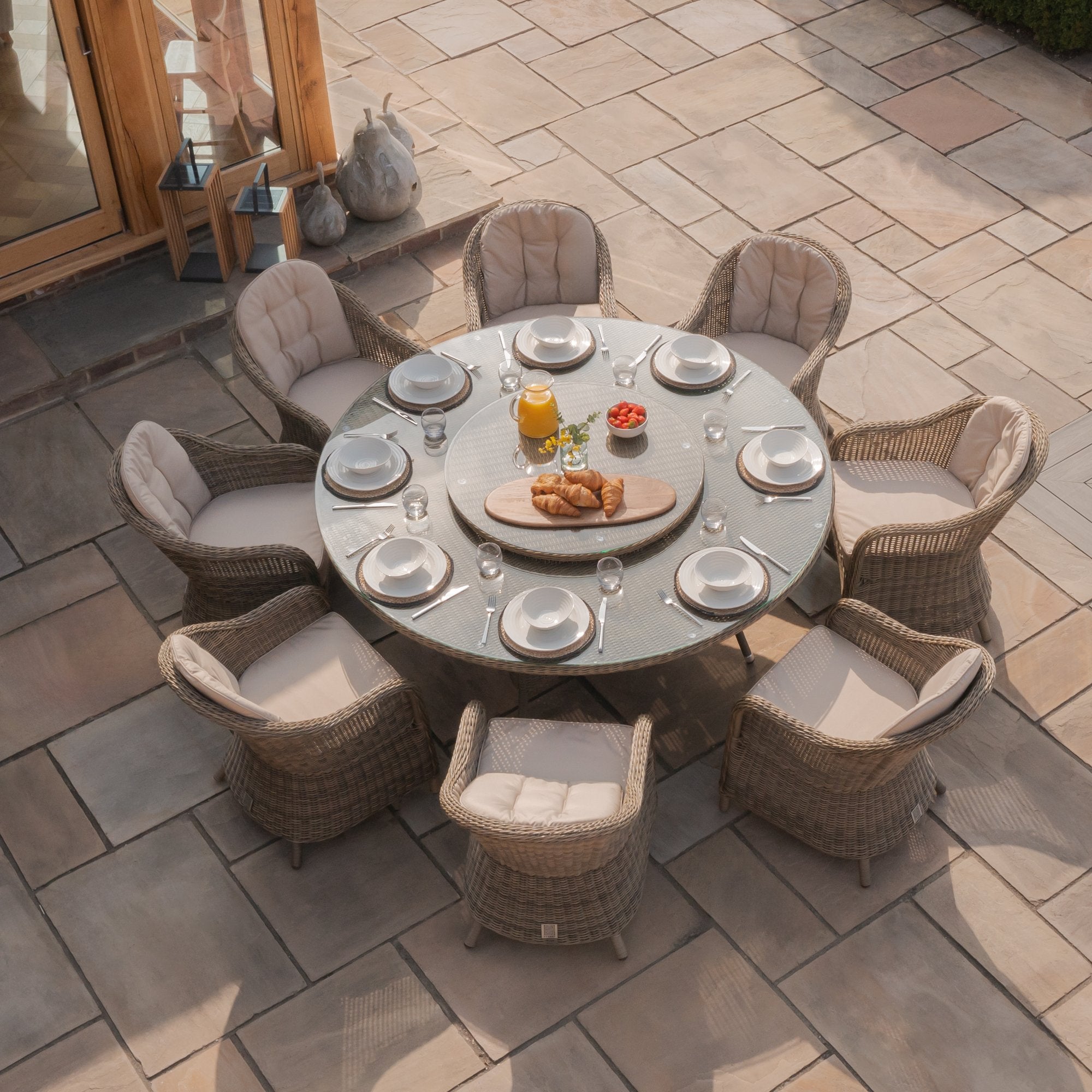 Winchester 8 Seat Round Dining Set with Heritage Dining Chairs & Woven Lazy Susan