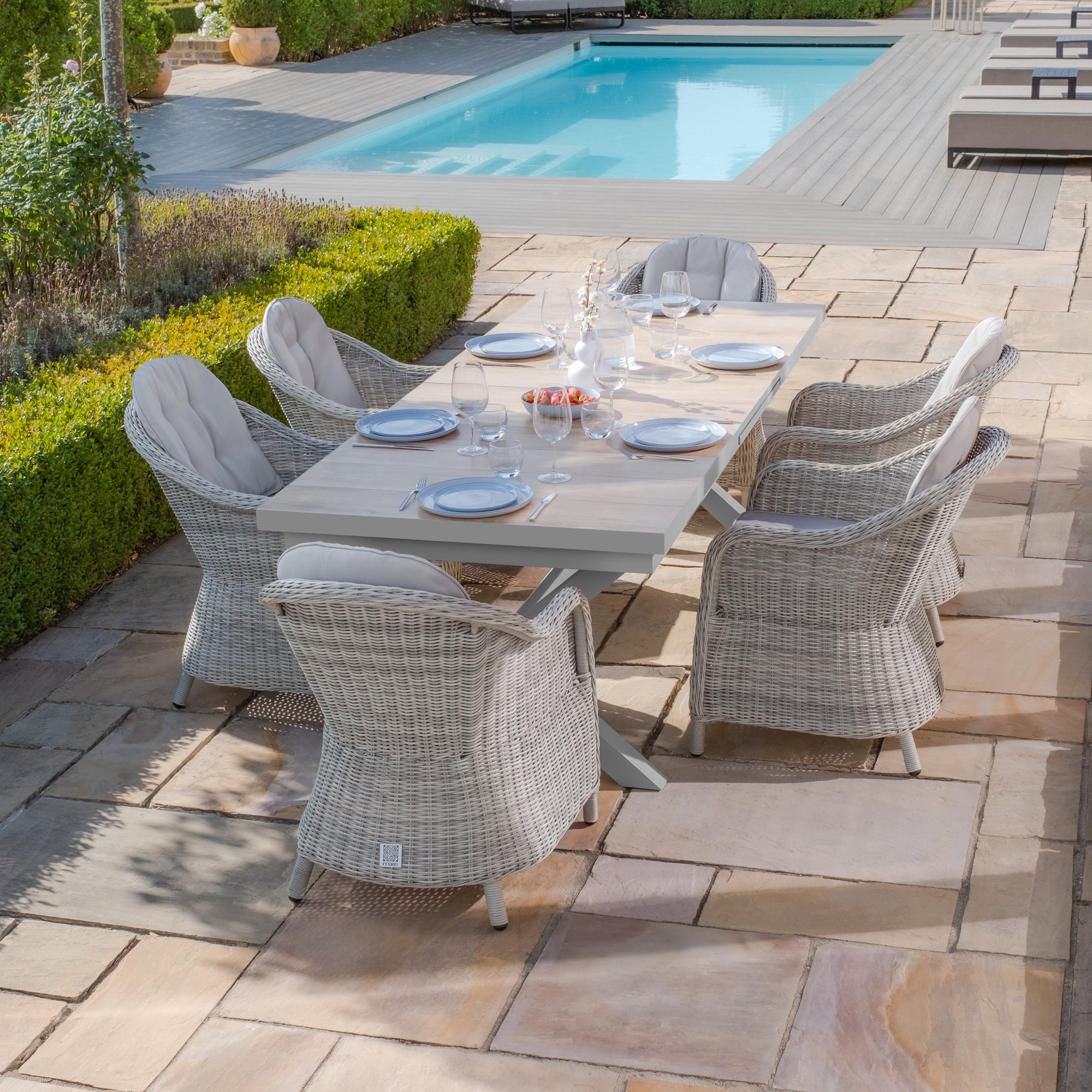 Vienna 10 Seat Extending Rectangular Dining Table with Dawn Grey Frame and 10 Oxford Heritage Rattan Dining Chairs