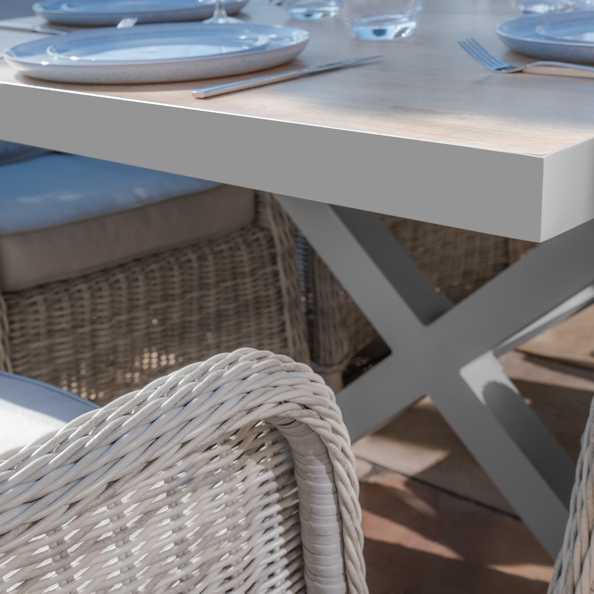 Vienna 10 Seat Extending Rectangular Dining Table with Dawn Grey Frame and 10 Oxford Heritage Rattan Dining Chairs