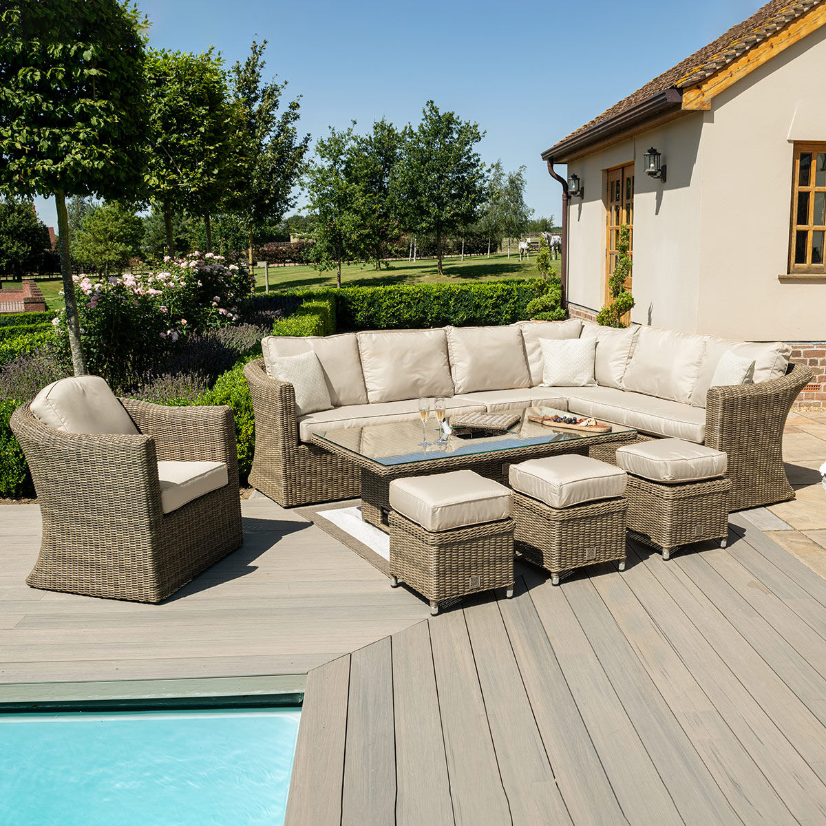 Winchester Deluxe Large Rattan Corner Dining Set with Rising Table & Armchair