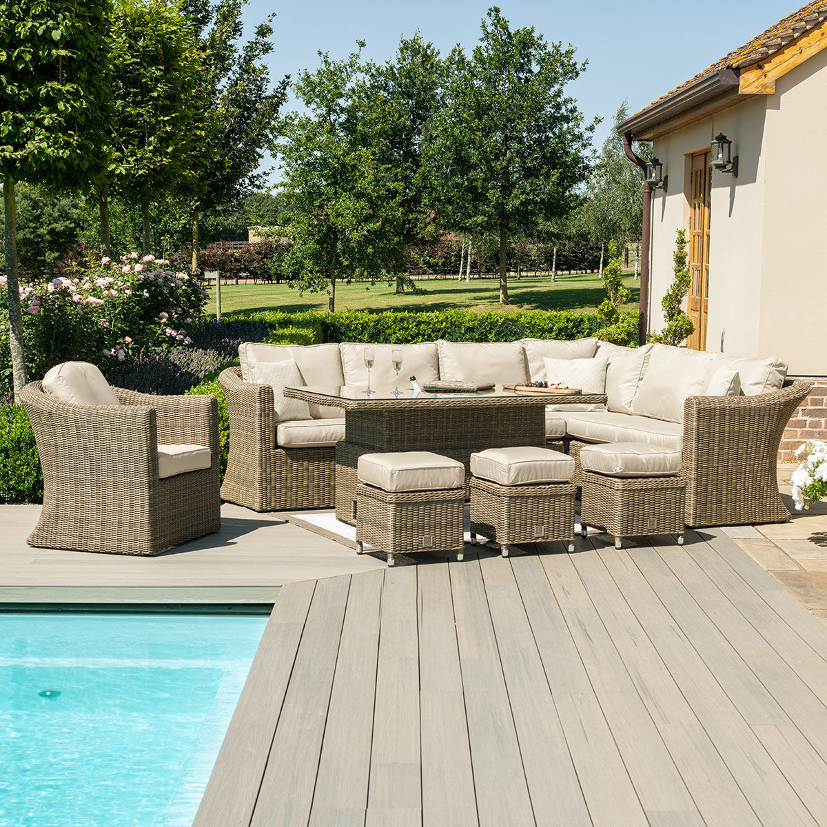 Winchester Deluxe Large Rattan Corner Dining Set with Rising Table & Armchair