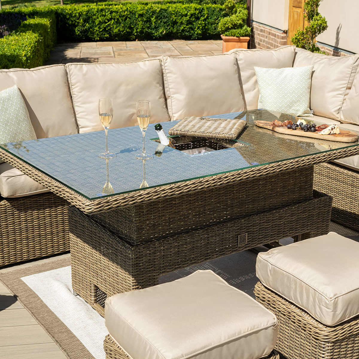 Winchester Deluxe Large Rattan Corner Dining Set with Rising Table & Armchair