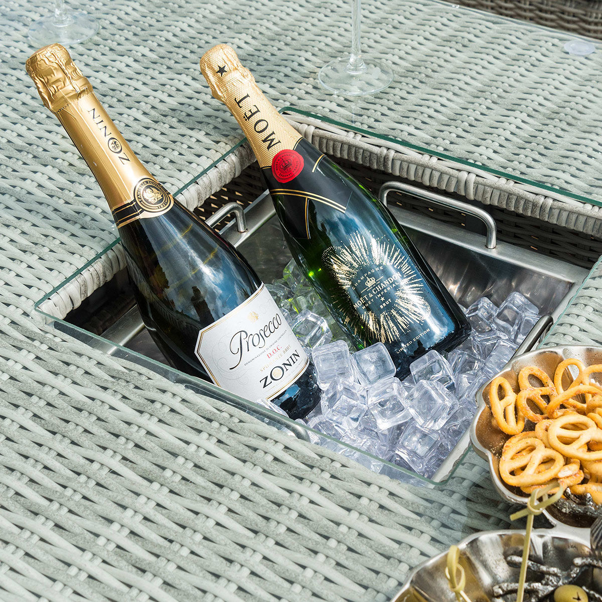 Oxford Sofa Rattan Dining Set with Ice Bucket & Rising Table