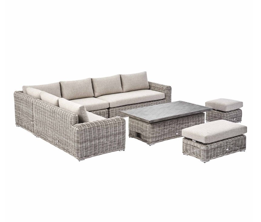 Bellagio Round Wicker Large Corner Casual Dining Set with Rising Table, Light Grey