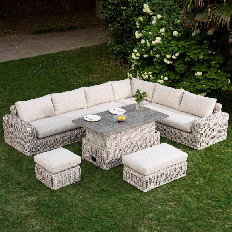 Bellagio Round Wicker Large Corner Casual Dining Set with Rising Table, Light Grey