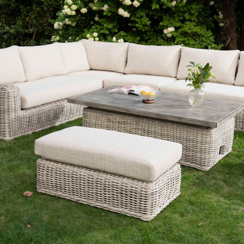 Bellagio Round Wicker Large Corner Casual Dining Set with Rising Table, Light Grey