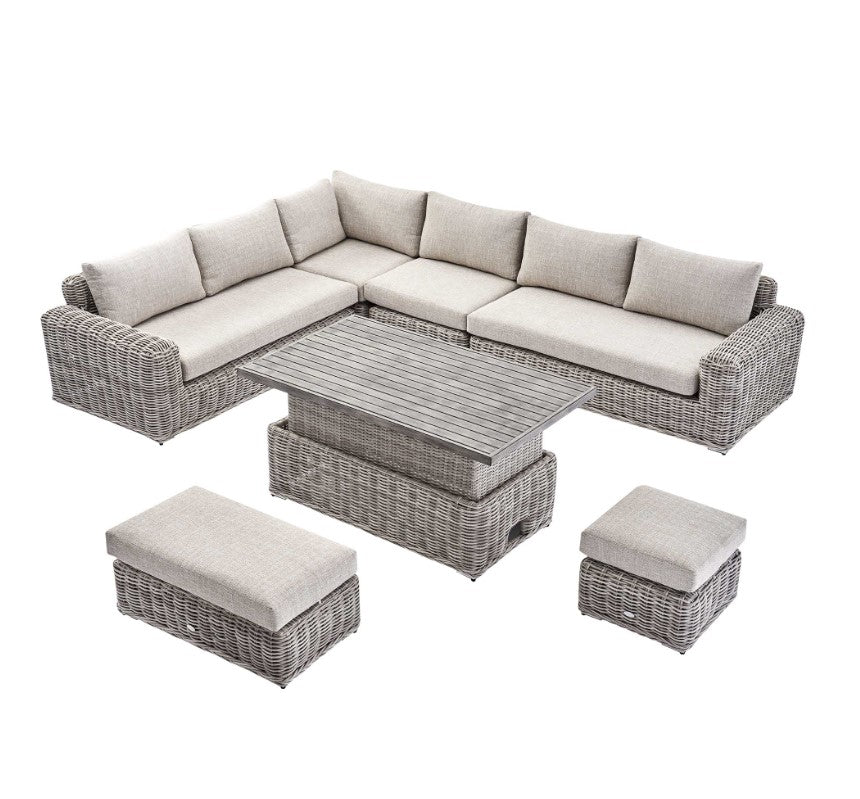 Bellagio Round Wicker Large Corner Casual Dining Set with Rising Table, Light Grey