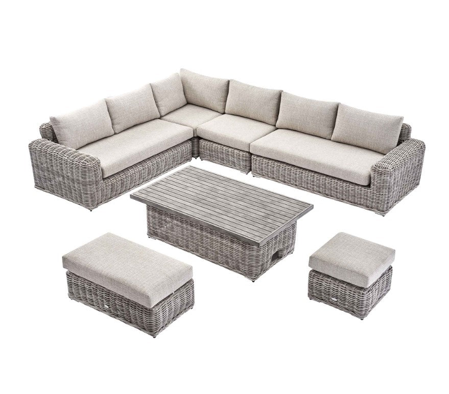 Bellagio Round Wicker Large Corner Casual Dining Set with Rising Table, Light Grey