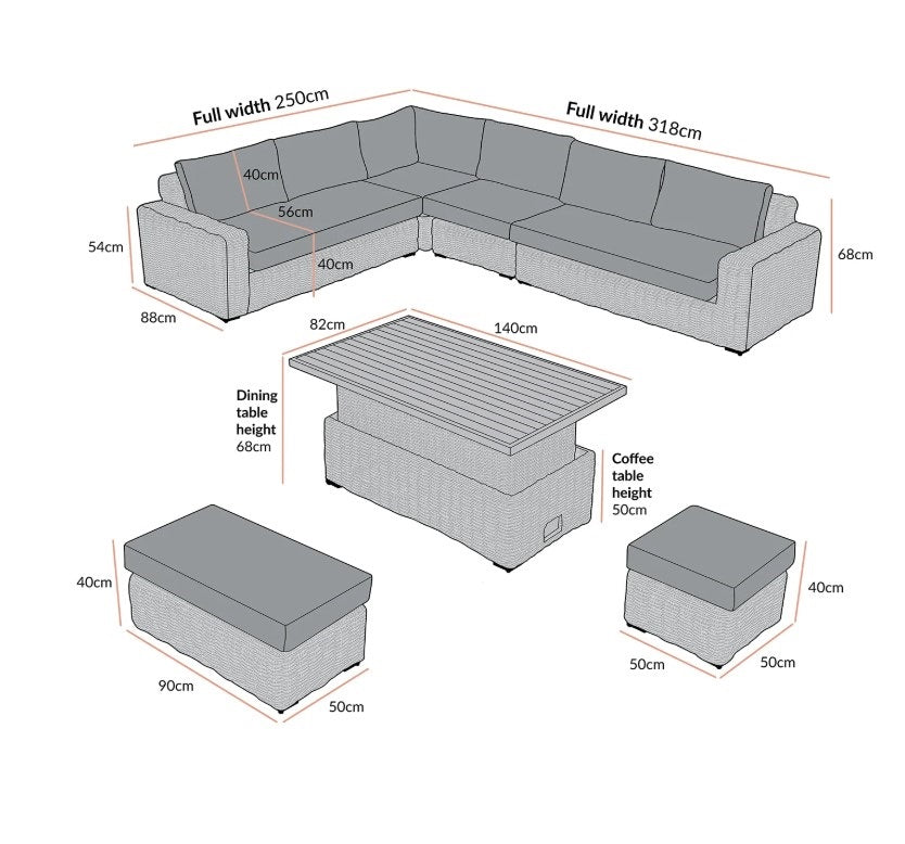 Bellagio Round Wicker Large Corner Casual Dining Set with Rising Table, Light Grey