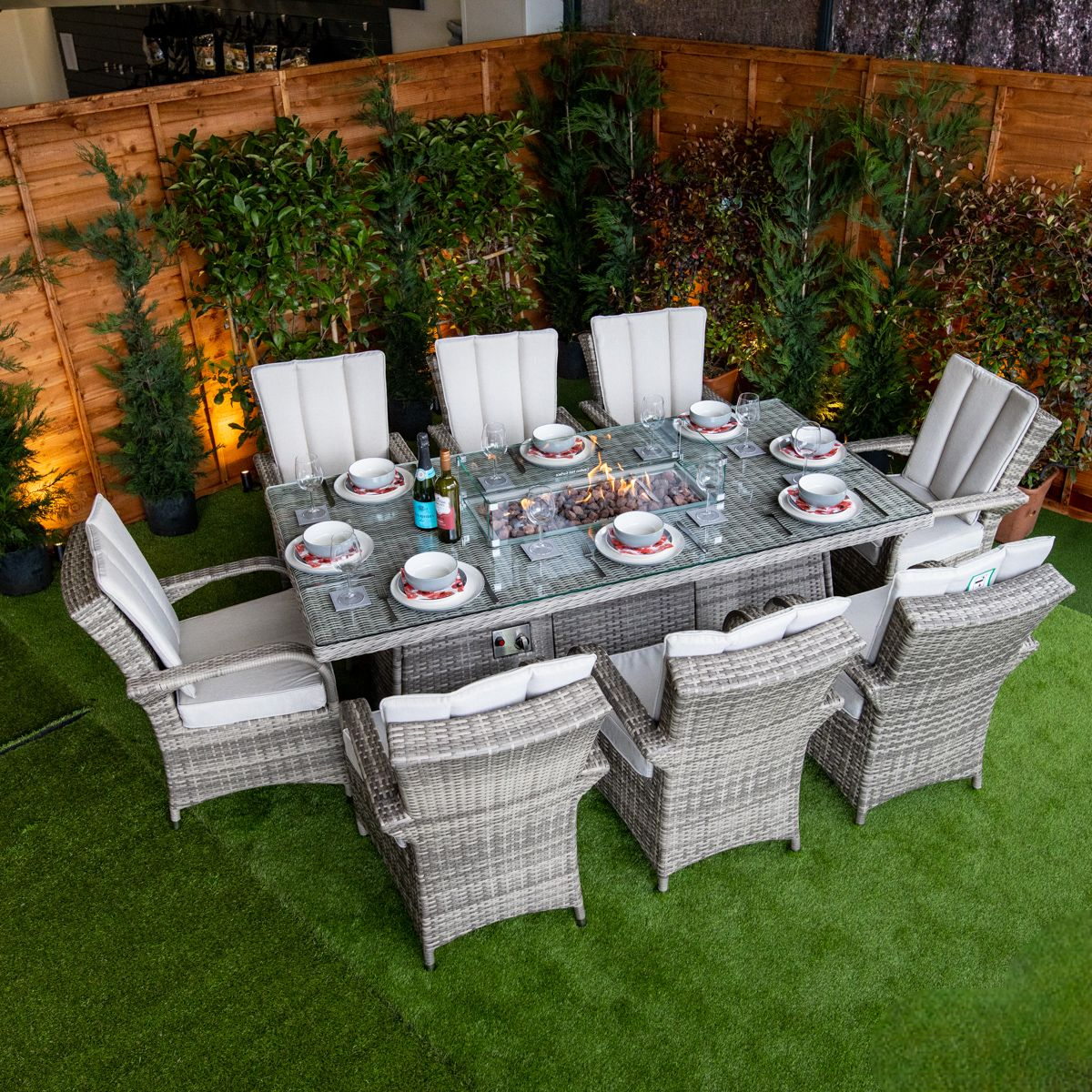 Champagne Tokyo 8 Seat rattan Fire Pit With 210cm Rectangular Table