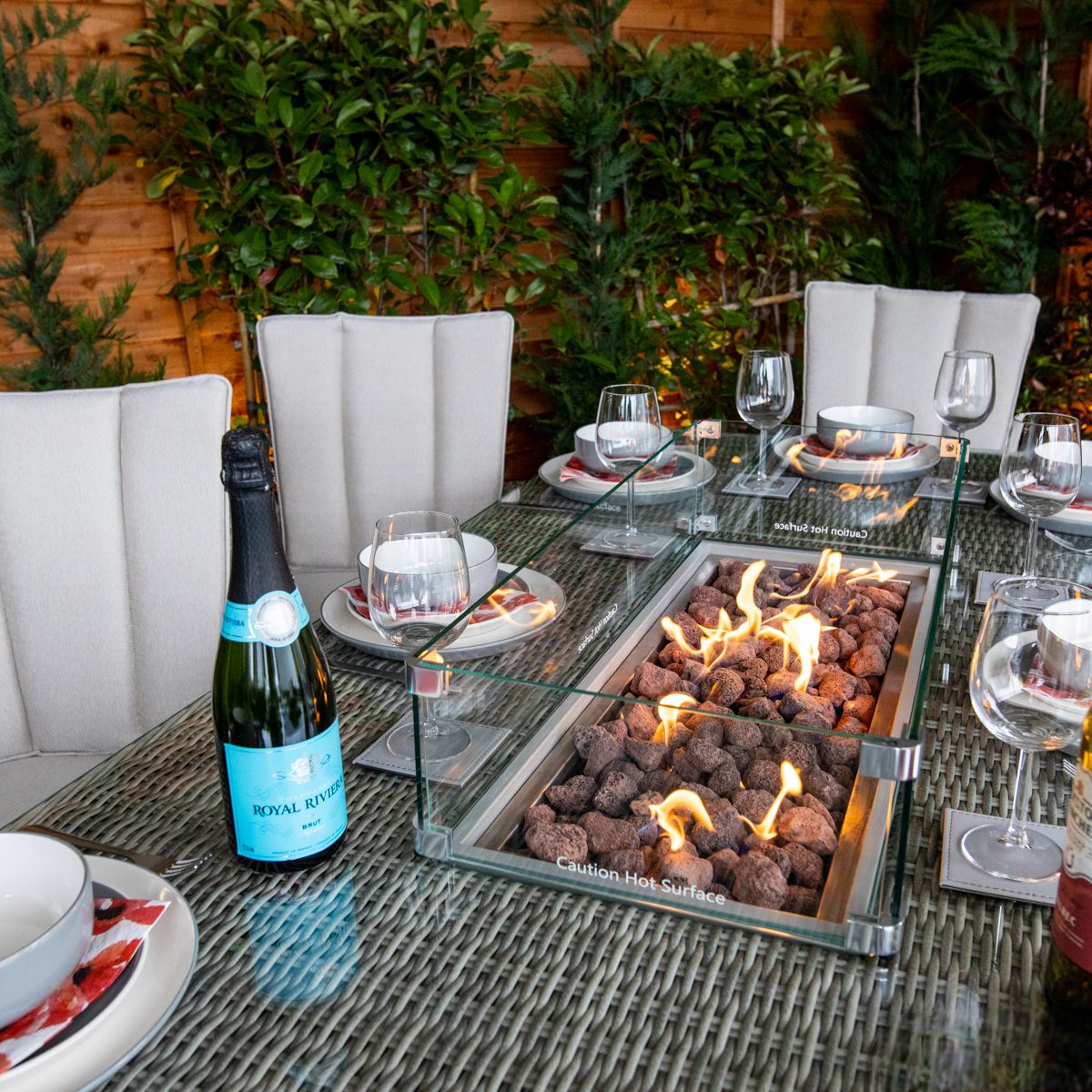 Champagne Tokyo 8 Seat rattan Fire Pit With 210cm Rectangular Table