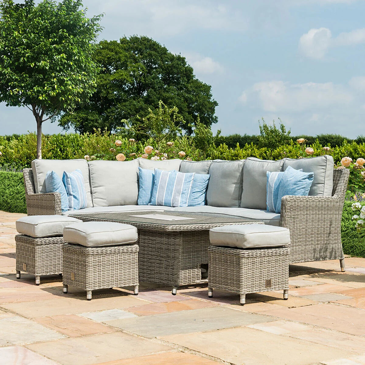 Oxford Corner Rattan Dining Set with Fire Pit Rising Table