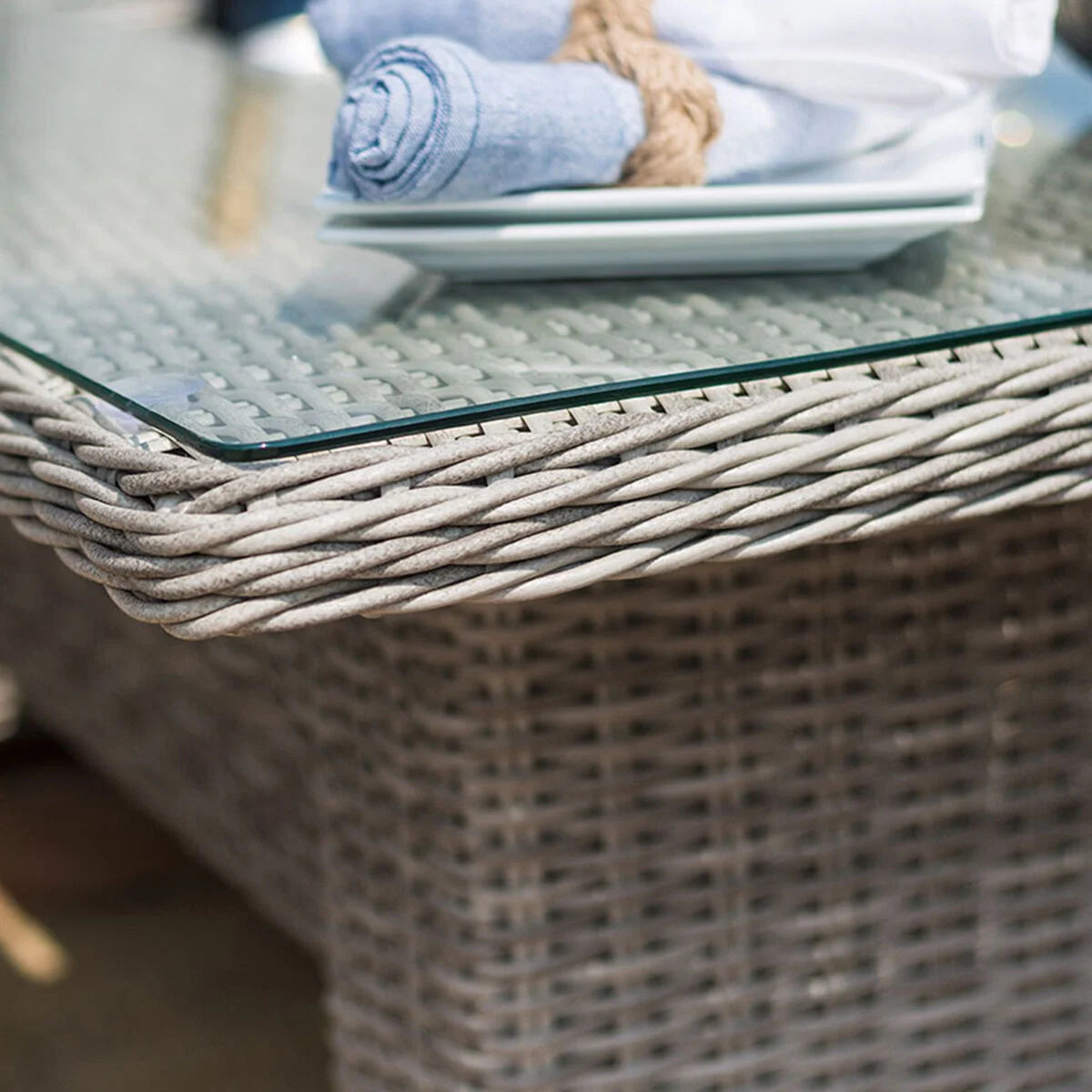 Oxford Corner Rattan Dining Set with Fire Pit Rising Table