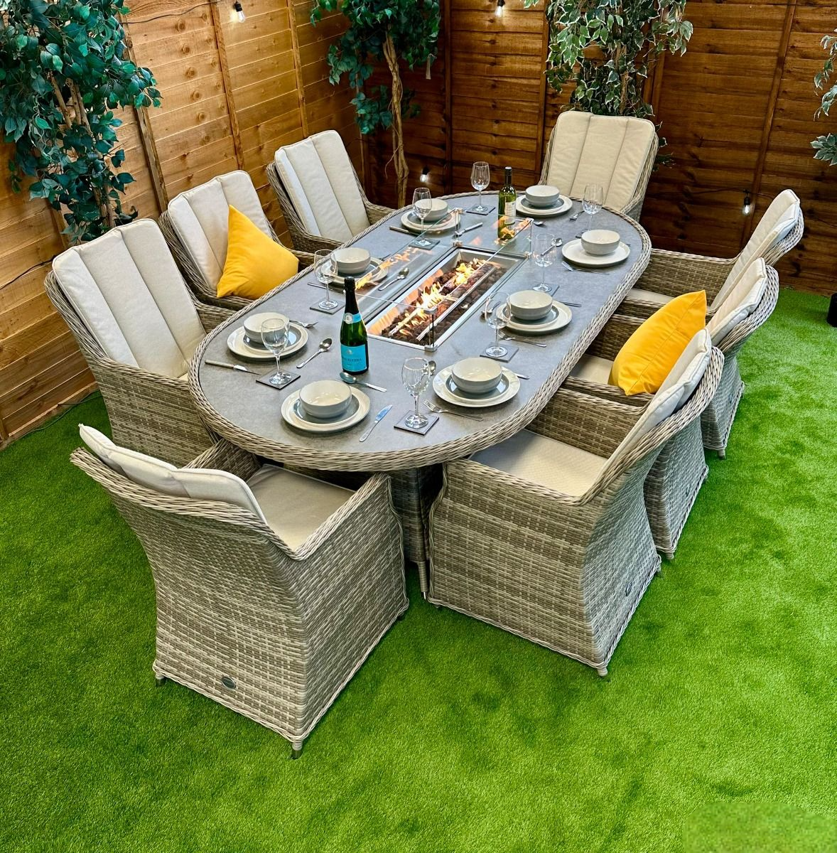 Rattan Champagne Paris 230cm Oval 8 Seater Fire Pit Set