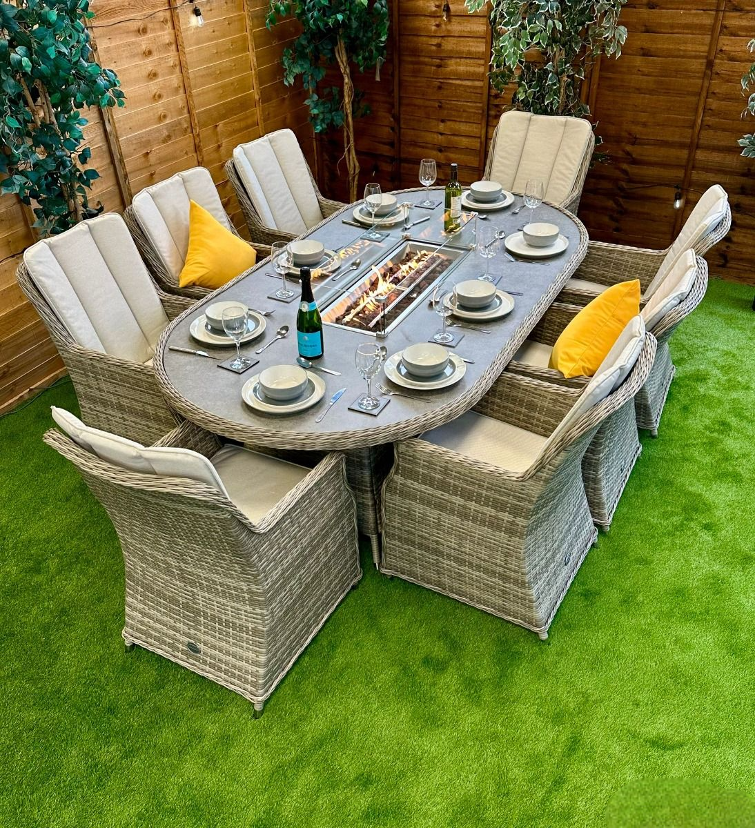 Rattan Champagne Paris 230cm Oval 8 Seater Fire Pit Set
