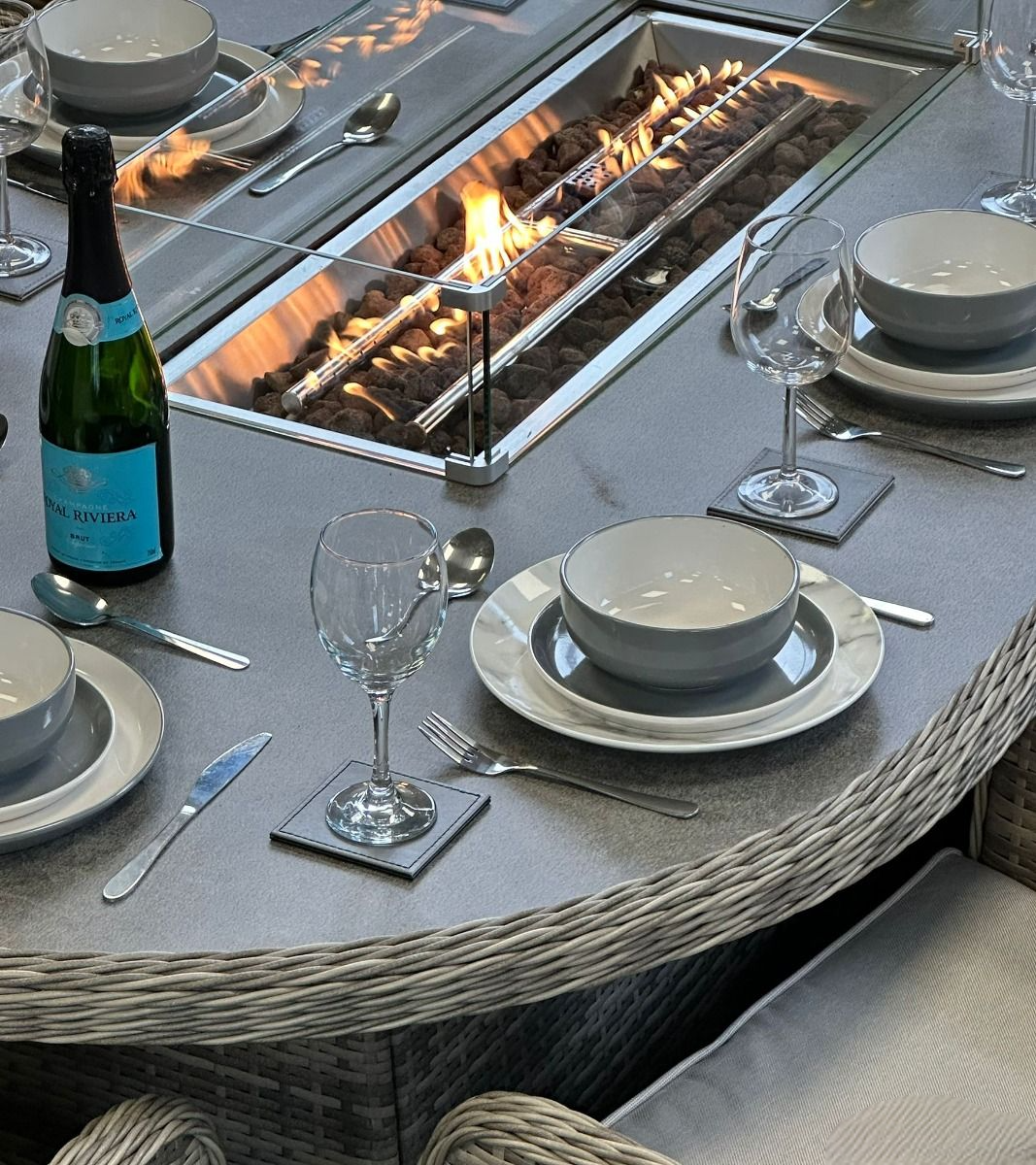 Rattan Champagne Paris 230cm Oval 8 Seater Fire Pit Set