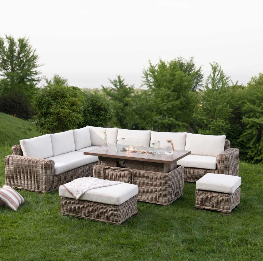 A Bellagio Round Wicker Large Corner Casual Dining Set with Rising Firepit Table, Natural