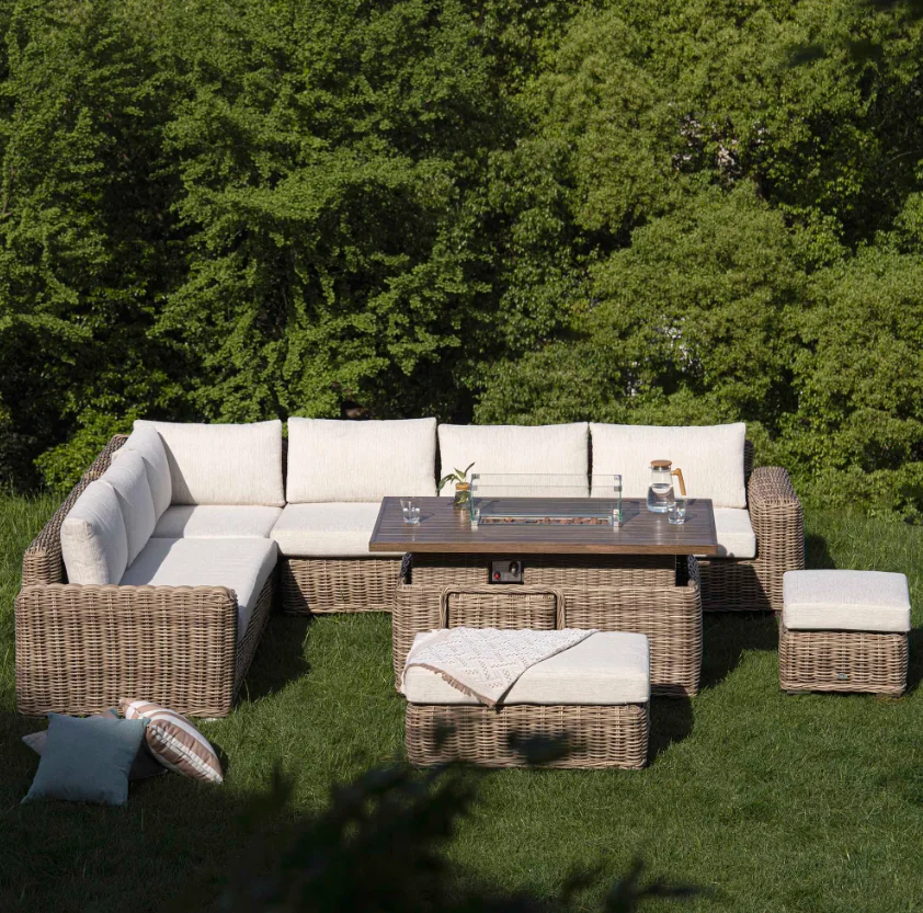 A Bellagio Round Wicker Large Corner Casual Dining Set with Rising Firepit Table, Natural