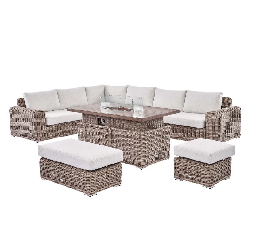 A Bellagio Round Wicker Large Corner Casual Dining Set with Rising Firepit Table, Natural