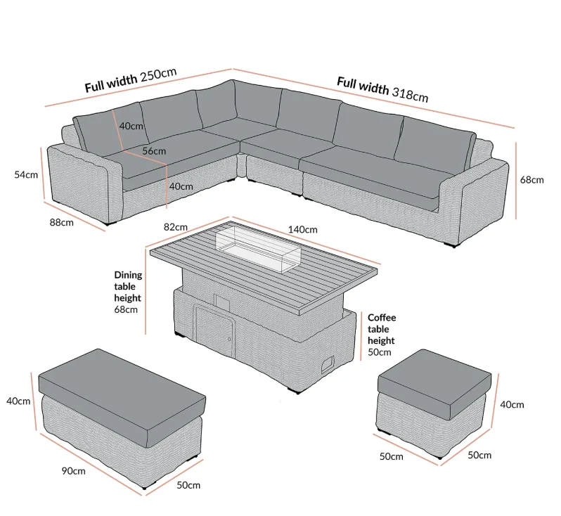 A Bellagio Round Wicker Large Corner Casual Dining Set with Rising Firepit Table, Natural