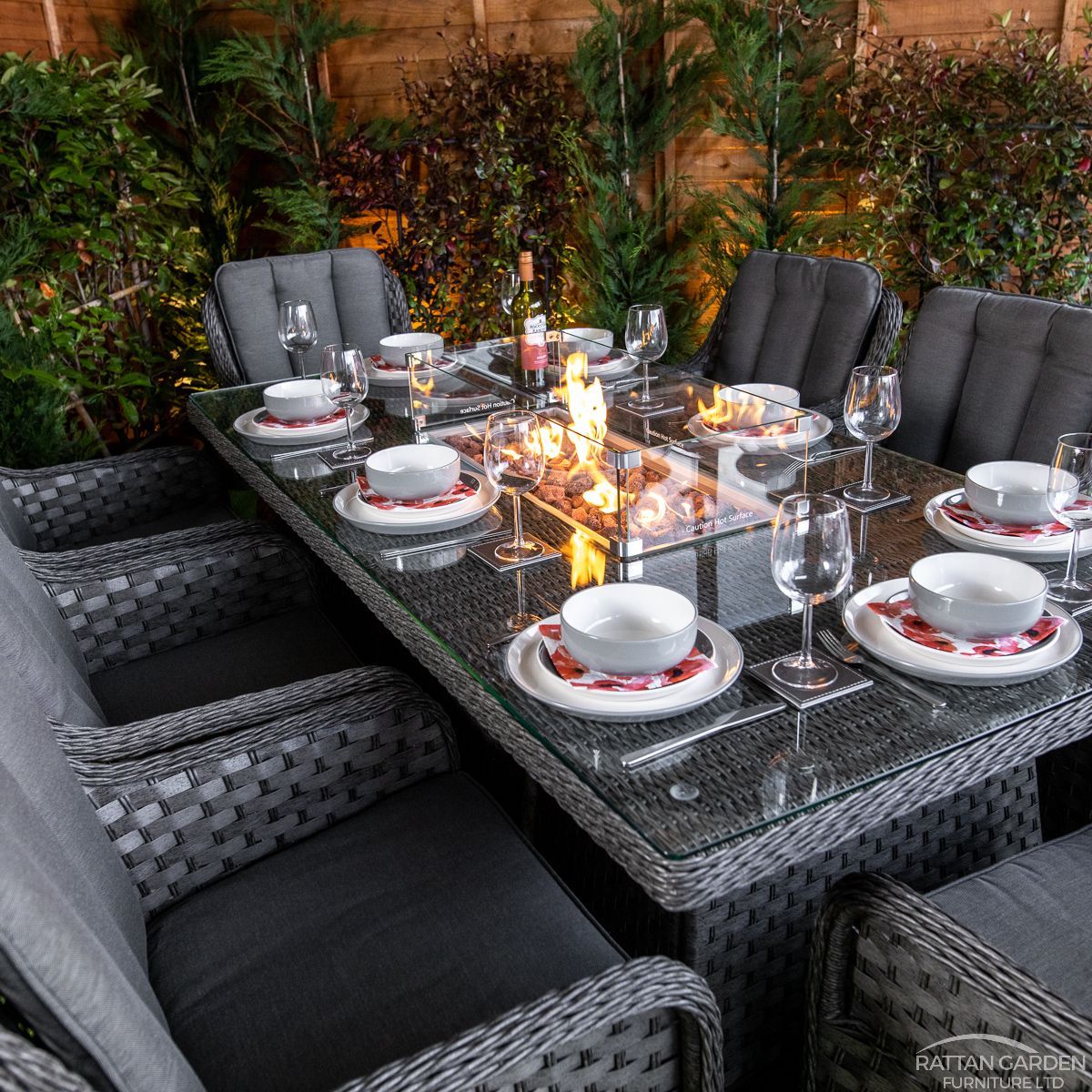 Serena Vienna 8 Seat Rattan Fire Pit With 210cm Rectangular Table