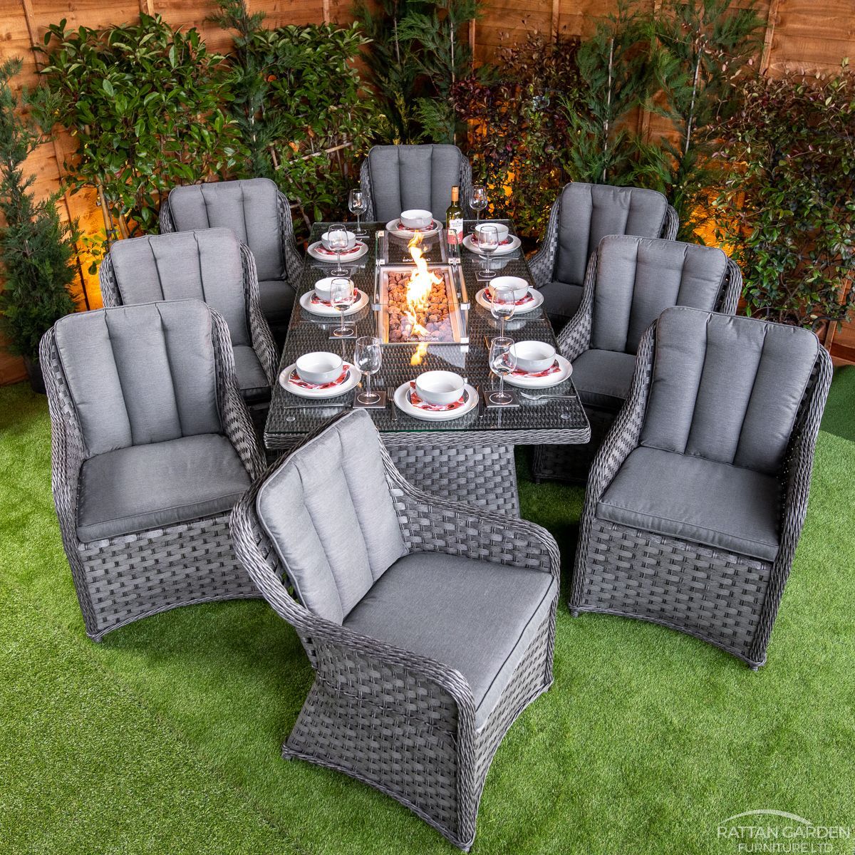Serena Vienna 8 Seat Rattan Fire Pit With 210cm Rectangular Table