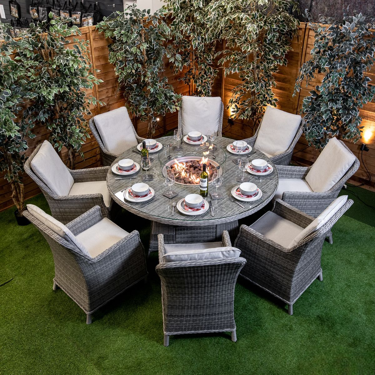 Rattan Champagne Paris 8 Seat Fire Pit With 165cm Round Table